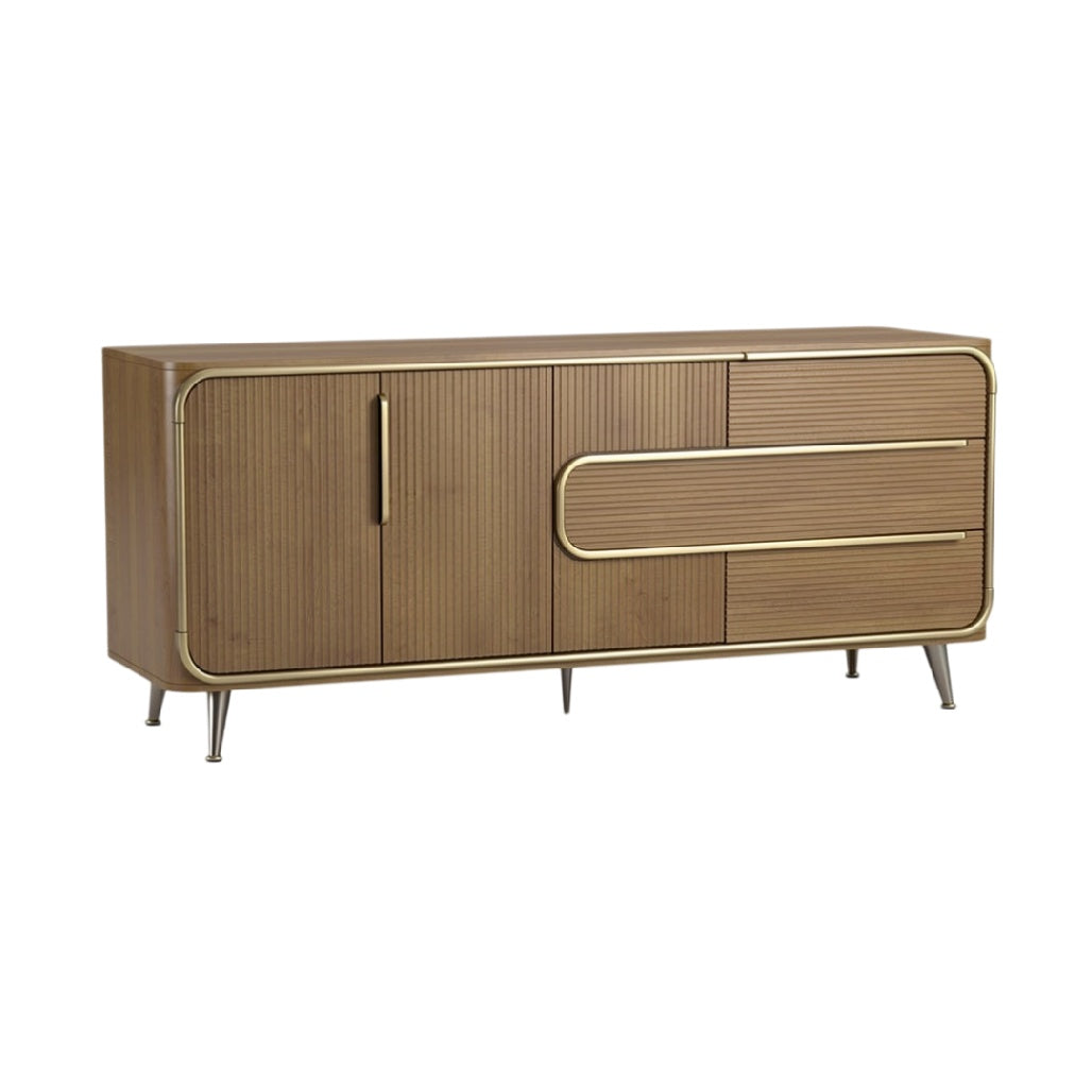 **Meuble de rangement en bois avec finition striée et poignées dorées**
